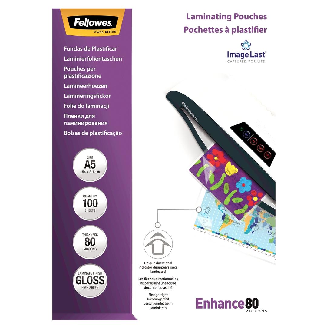 100 pochettes de plastification ImageLast A5 80 microns brillantes FELLOWES — Vue de face