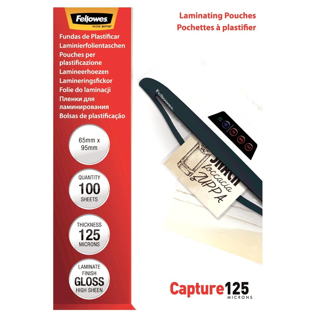 100 pochettes de plastification 65 x 95 mm 125 microns brillantes FELLOWES — Vue de face