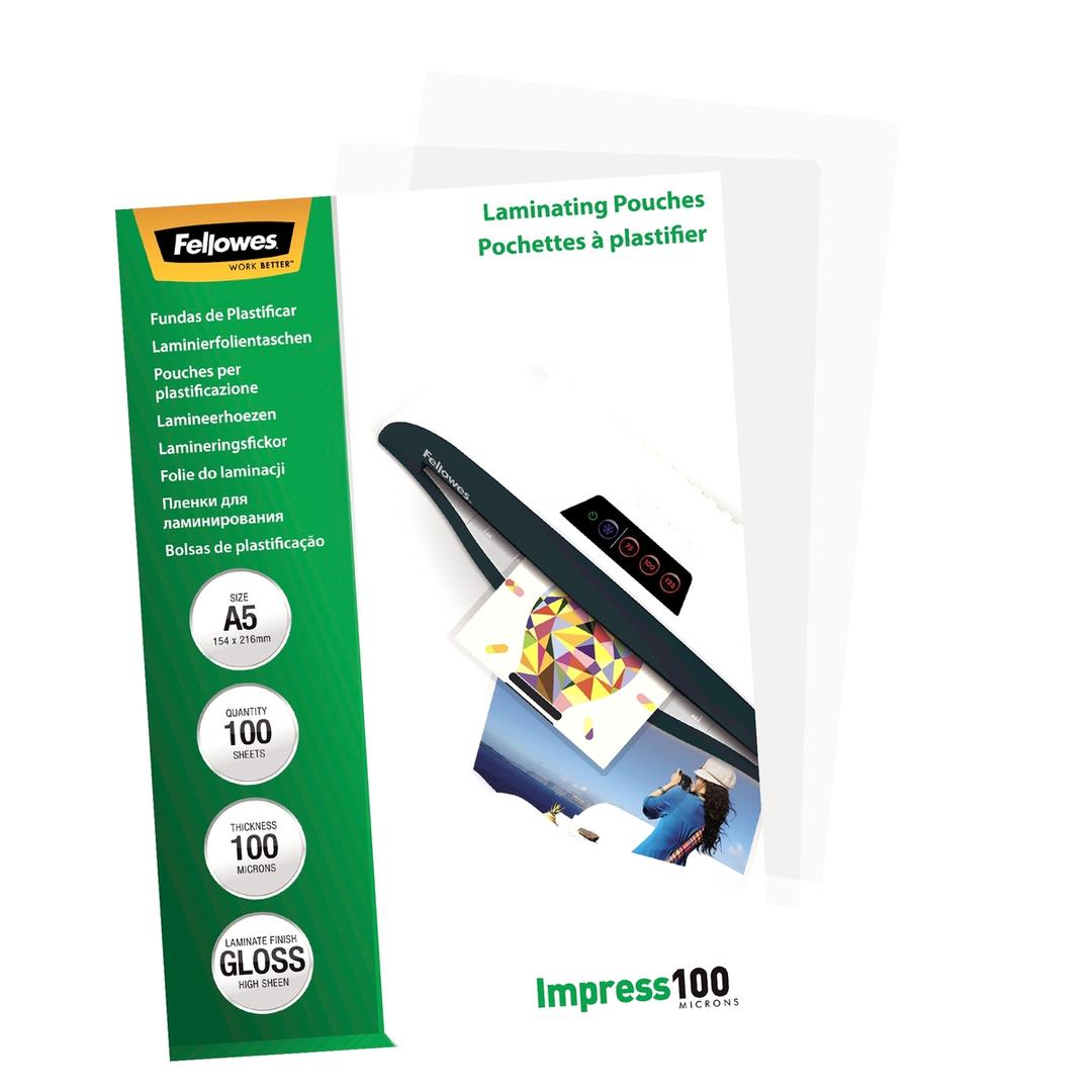 100 pochettes de plastification A5 100 microns brillantes FELLOWES — Vue de gauche détails
