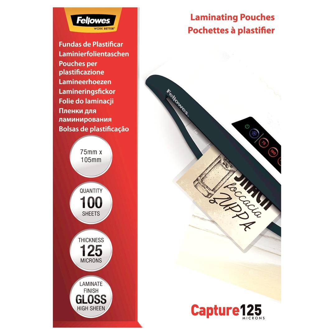 100 pochettes de plastification 75 x 105 mm 125 microns brillantes FELLOWES — Vue de face