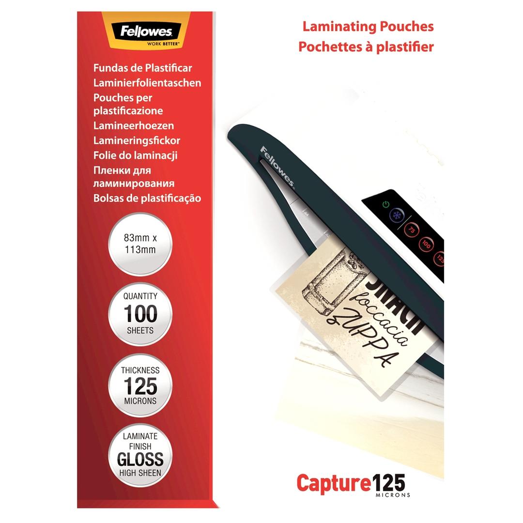 100 pochettes de plastification 83 x 113 mm 125 microns brillantes FELLOWES — Vue de face