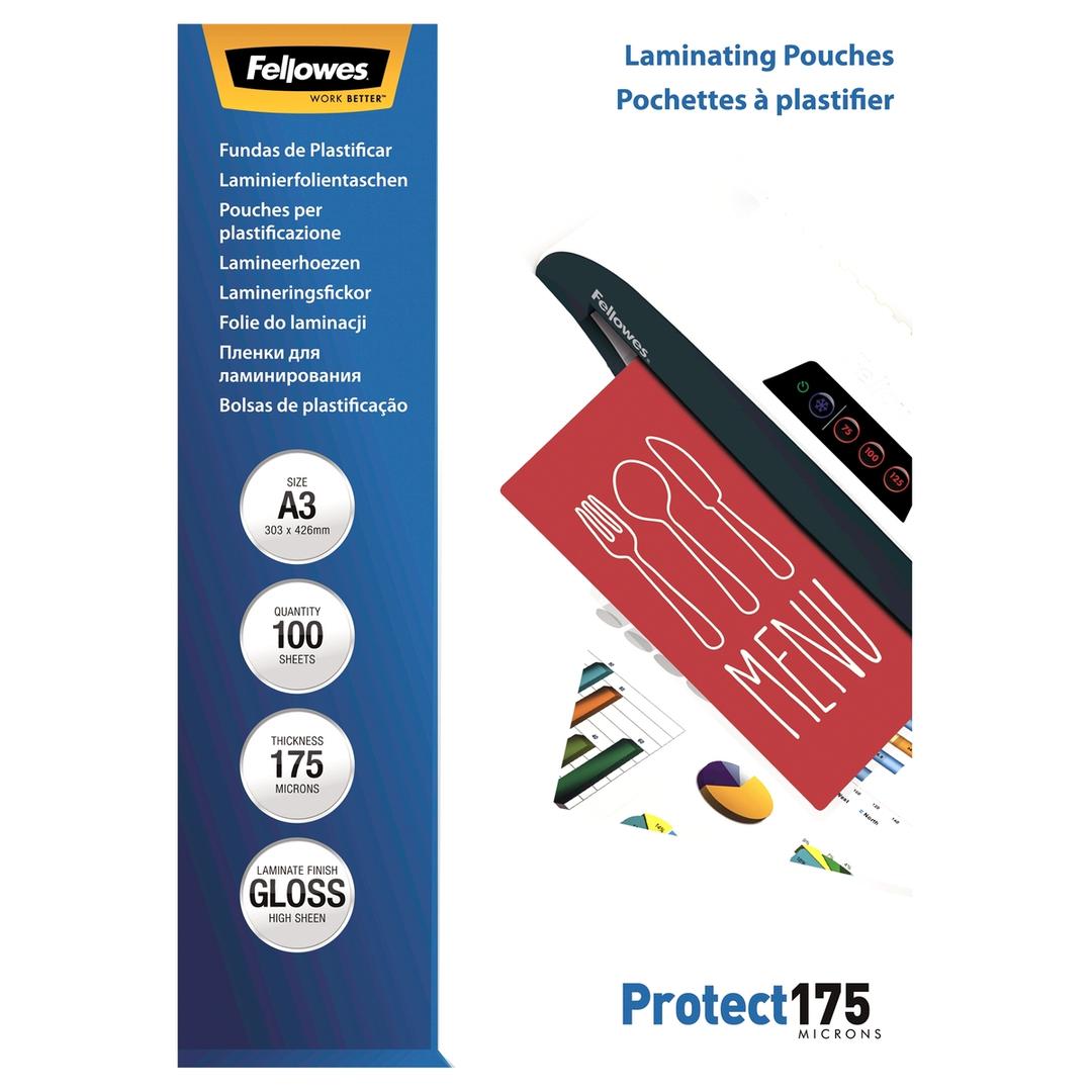 100 pochettes de plastification A3 175 microns brillantes FELLOWES — Vue de face