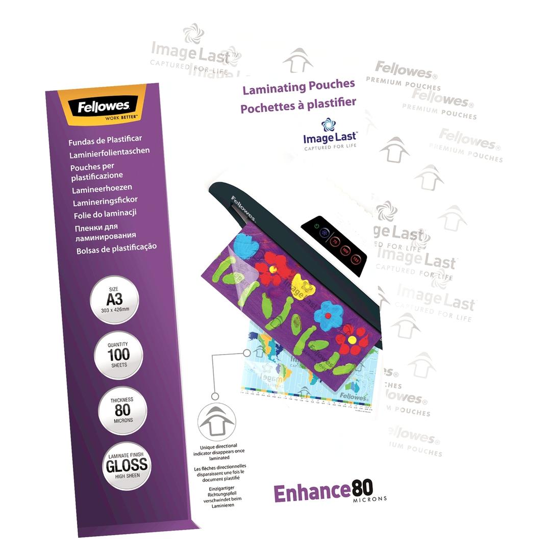 100 pochettes de plastification ImageLast A3 80 microns brillantes FELLOWES — Vue de gauche détails
