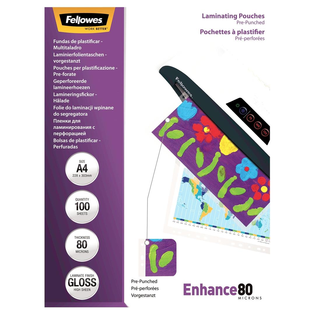 100 pochettes de plastification A4 80 microns brillantes - pré-perforées FELLOWES — Vue de face