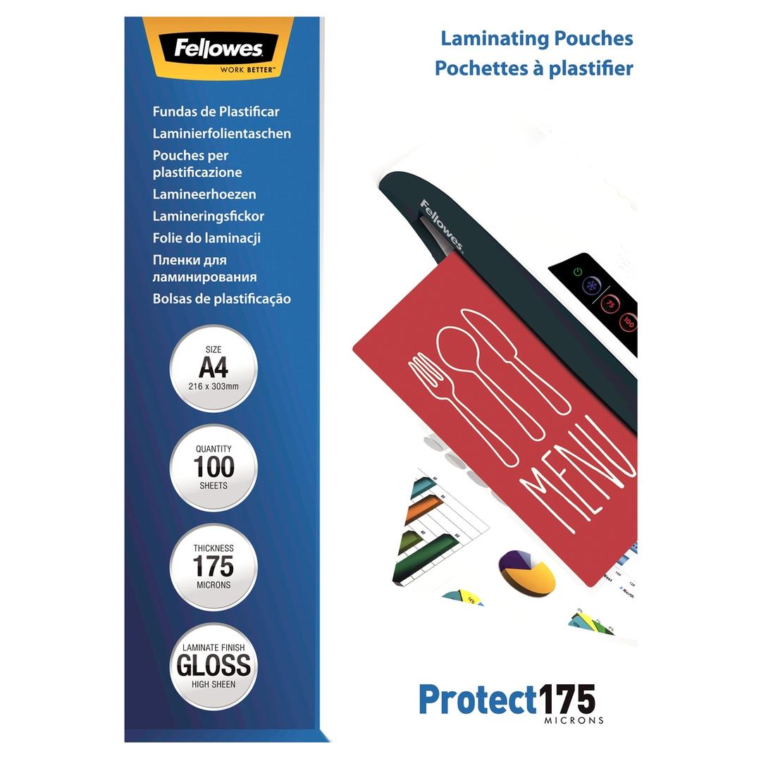 100 pochettes de plastification A4 175 microns brillantes FELLOWES — Vue de face