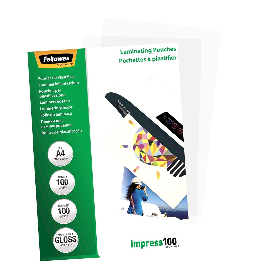 100 pochettes de plastification A4 100 microns brillantes FELLOWES — Vue de gauche détails