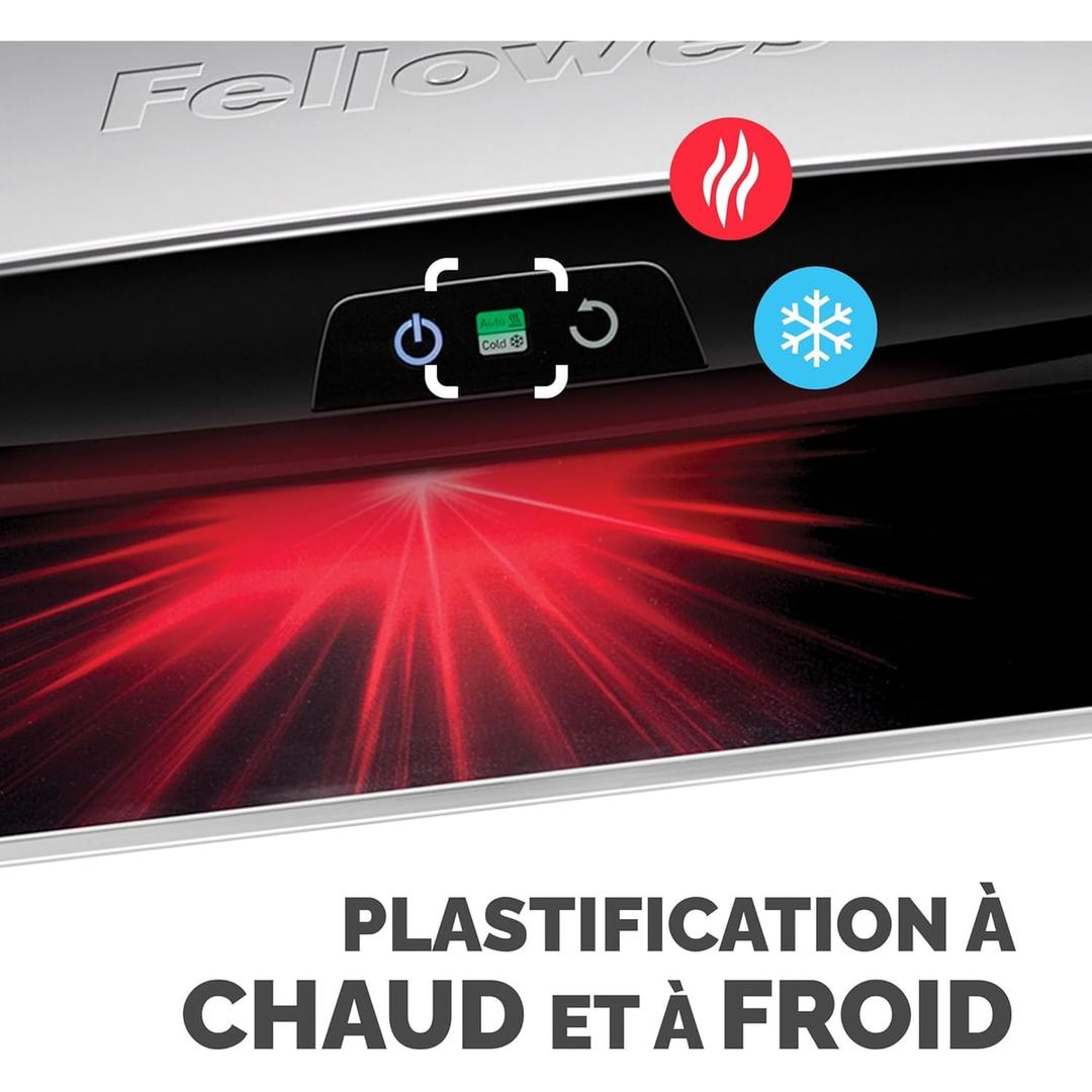 Plastifieuse à pochettes NEPTUNE 3 FELLOWES — Bandeau de commande avec les pictogrammes de plastification à chaud et à froid