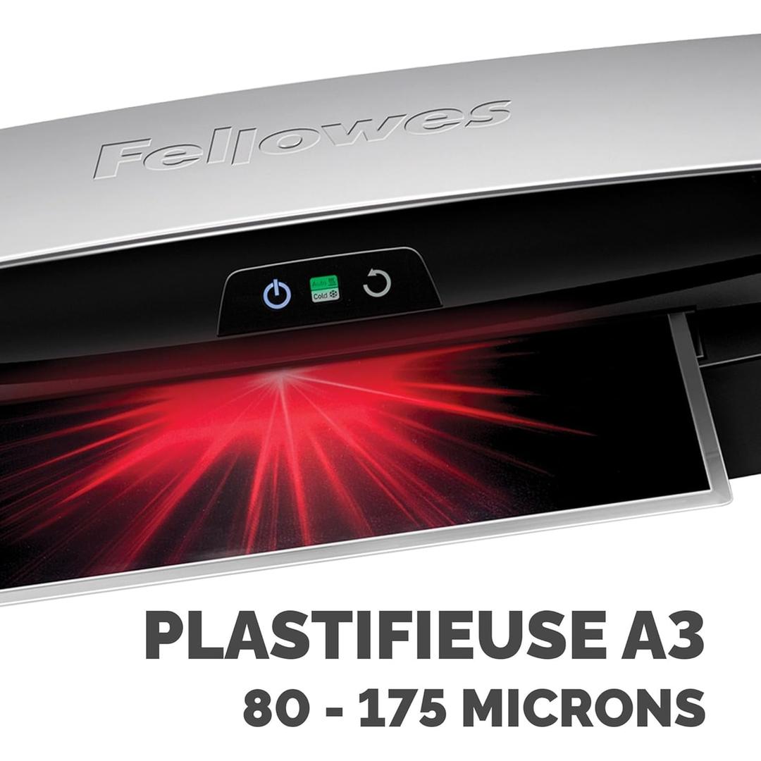 Plastifieuse à pochettes NEPTUNE 3 FELLOWES — Bandeau de commande éclairé, épaisseurs de 80 à 175 microns
