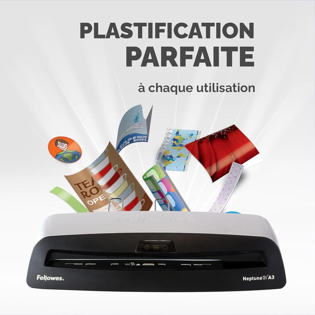 Plastifieuse à pochettes NEPTUNE 3 FELLOWES — Documents plastifiés en sortie : photos, badges, marque-pages et fiches cartonnées