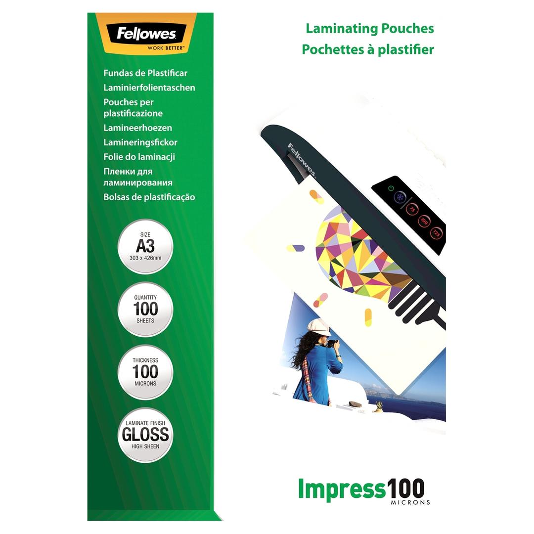 100 pochettes de plastification A3 100 microns brillantes FELLOWES — Vue de face