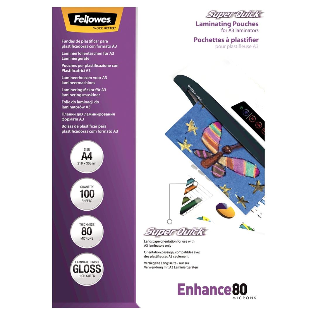 100 pochettes de plastification A4 80 microns brillantes - SuperQuick FELLOWES — Vue de face