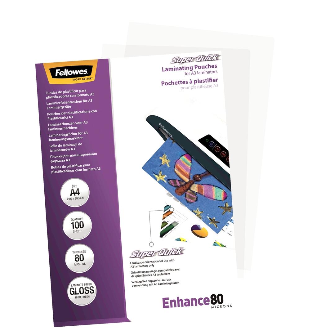 100 pochettes de plastification A4 80 microns brillantes - SuperQuick FELLOWES — Vue de gauche détails