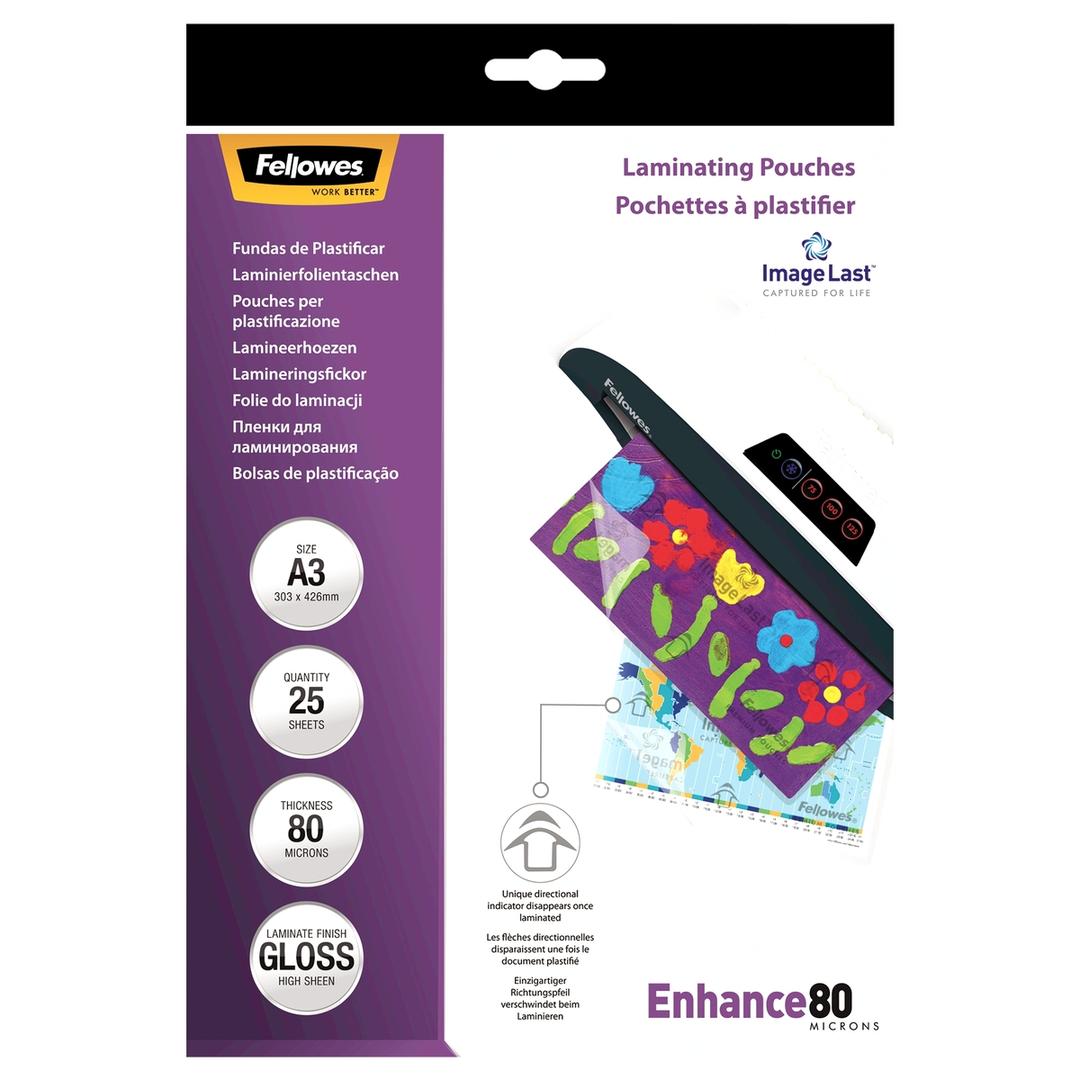 25 pochettes de plastification ImageLast A3 80 microns brillantes FELLOWES — Vue de face packaging