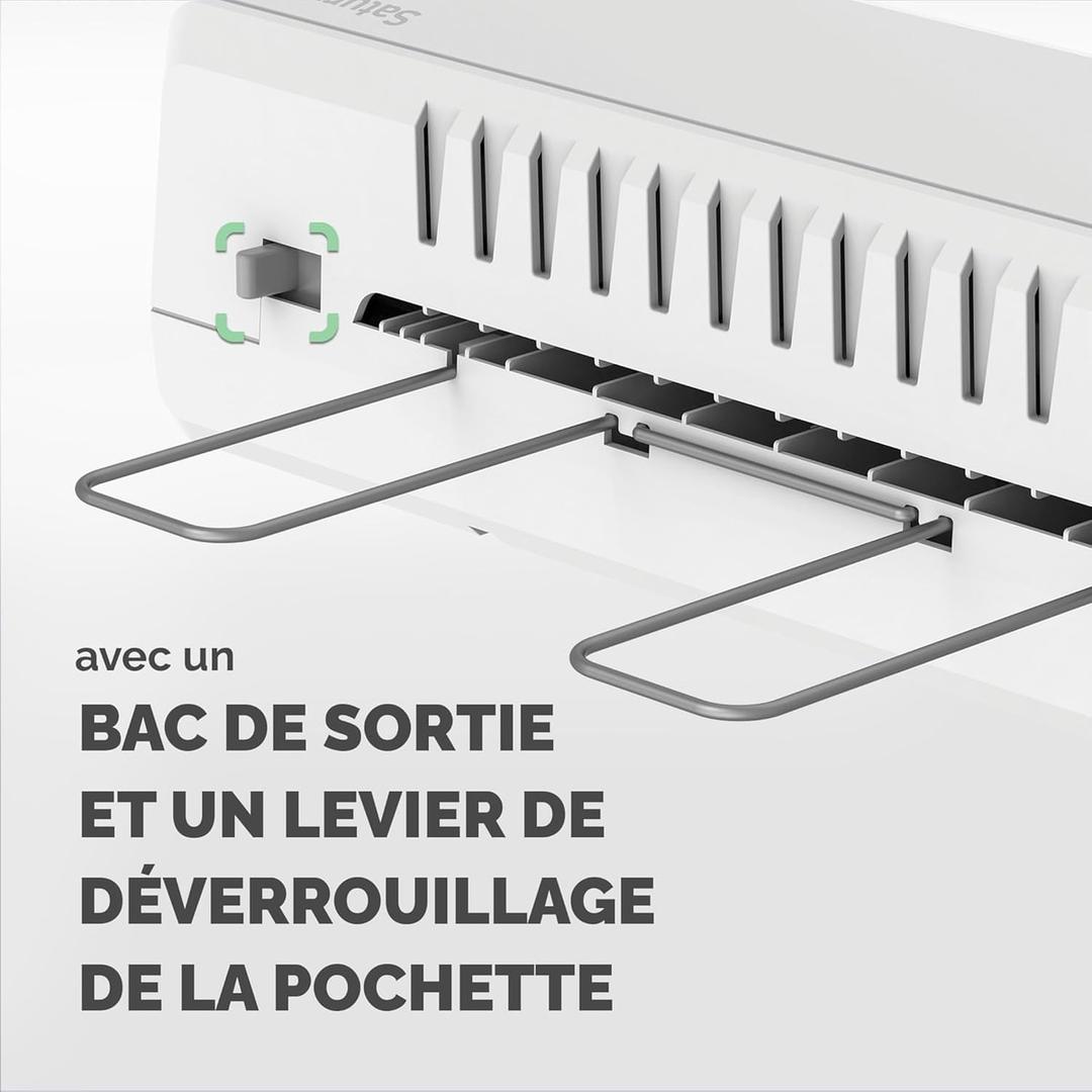 Plastifieuse à pochettes Saturn 3I A4 FELLOWES — Bac de sortie métallique déplié à l’arrière, à côté du levier de déverrouillage de pochette
