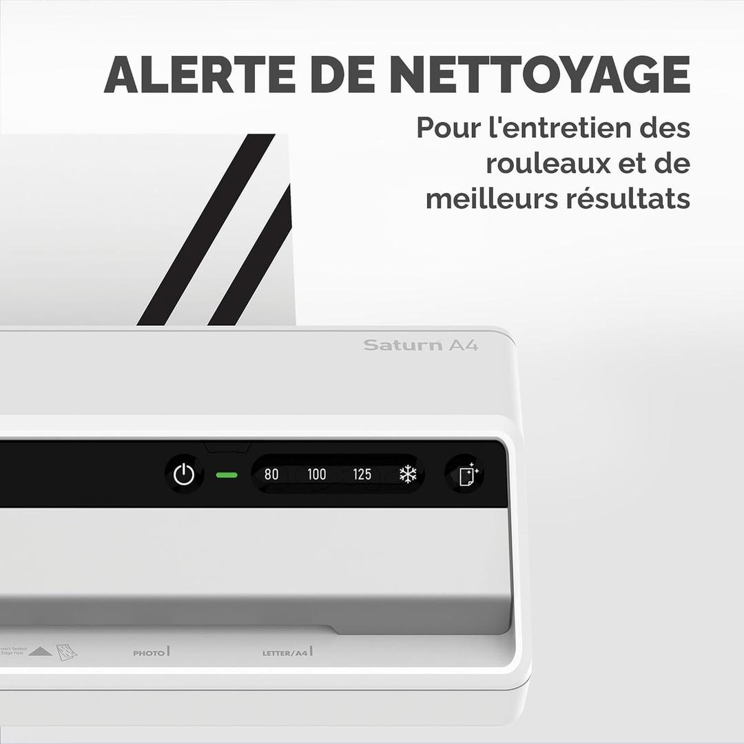 Plastifieuse à pochettes Saturn 3I A4 FELLOWES — Bandeau de commande : boutons 80, 100 et 125 microns, réglage à froid et voyant d’alerte de nettoyage