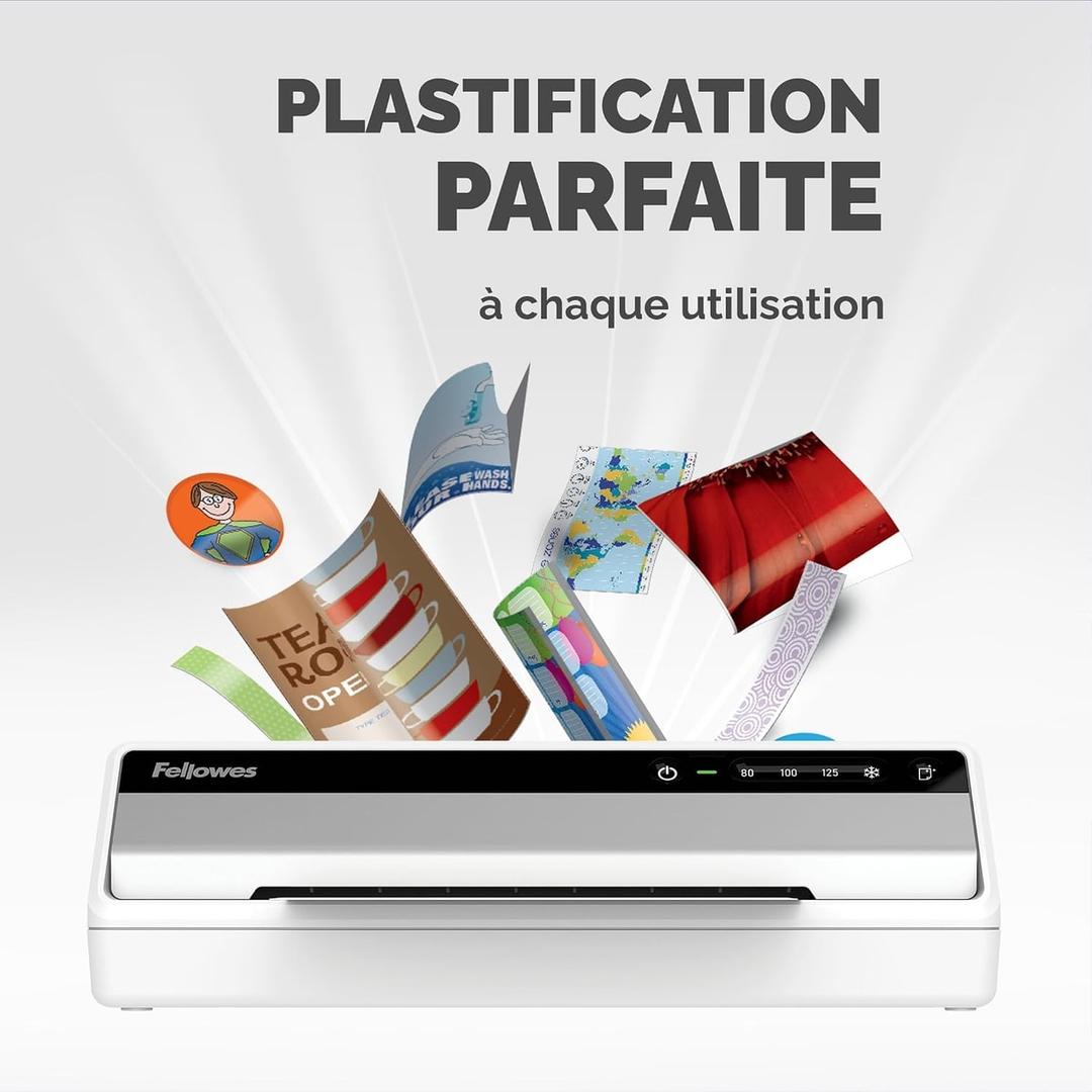 Plastifieuse à pochettes Saturn 3I A4 FELLOWES — Documents plastifiés en sortie : photos, badges, marque-pages et fiches cartonnées