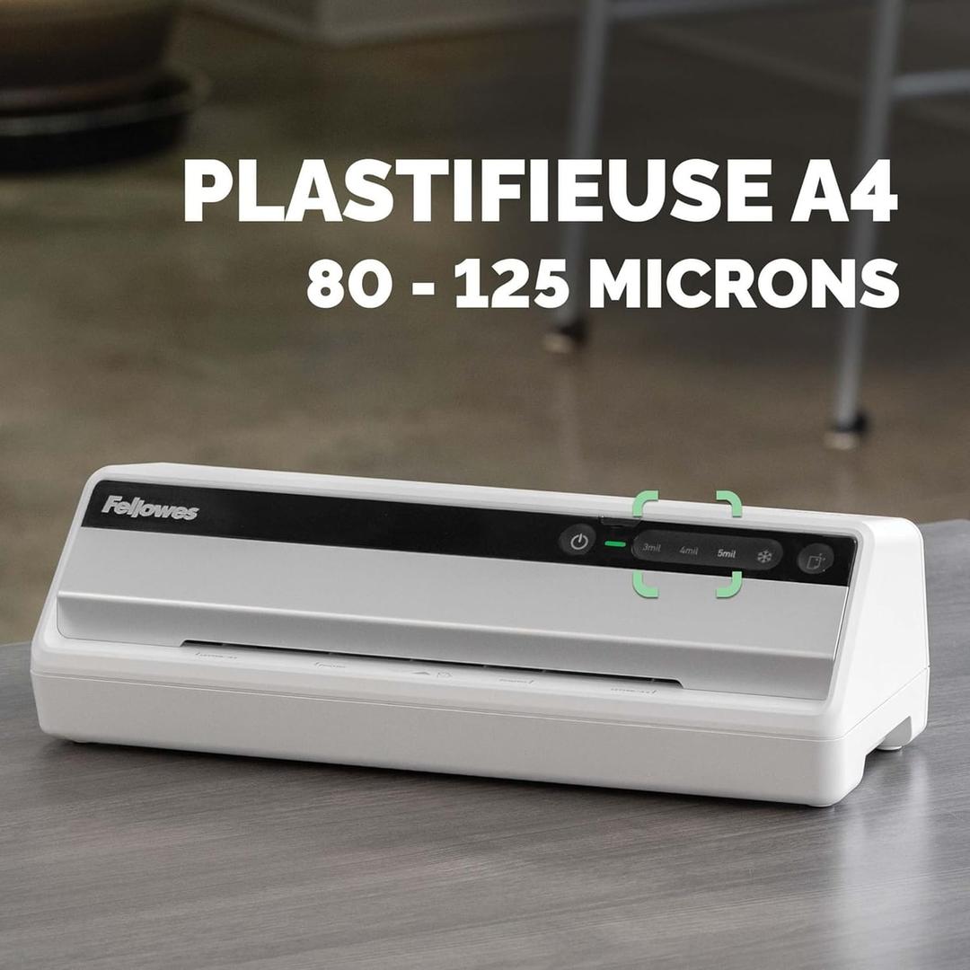 Plastifieuse à pochettes Saturn 3I A4 FELLOWES — Machine posée sur un bureau, épaisseurs de 80 à 125 microns