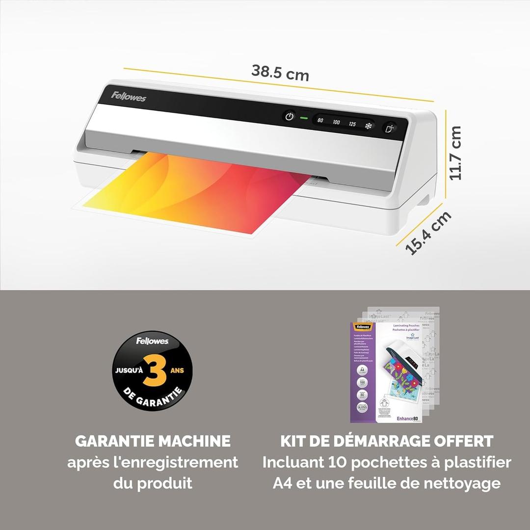 Plastifieuse à pochettes Saturn 3I A4 FELLOWES — Vue de trois quarts avec les cotes : 38,5 cm de large, 15,4 cm de profondeur, 11,7 cm de hauteur