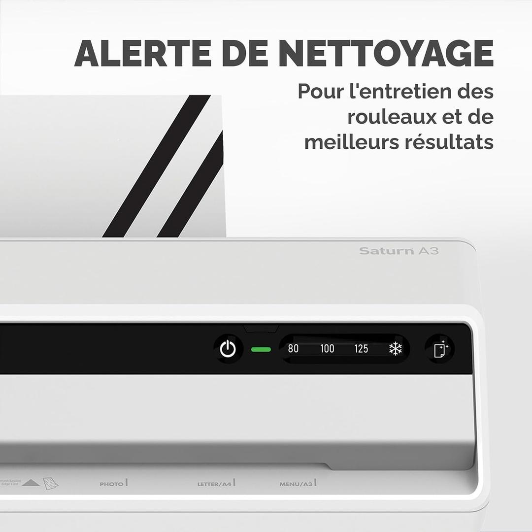 Plastifieuse à pochettes Saturn 3I A3 FELLOWES — Bandeau de commande : boutons 80, 100 et 125 microns, réglage à froid et voyant d’alerte de nettoyage des rouleaux
