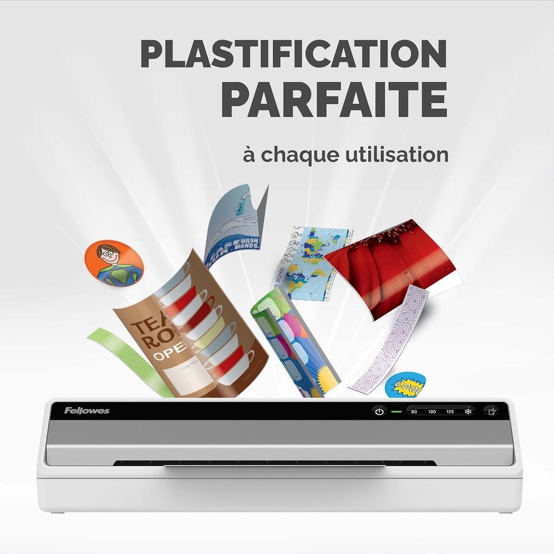 Plastifieuse à pochettes Saturn 3I A3 FELLOWES — Documents plastifiés en sortie : photos, badges, marque-pages et fiches cartonnées