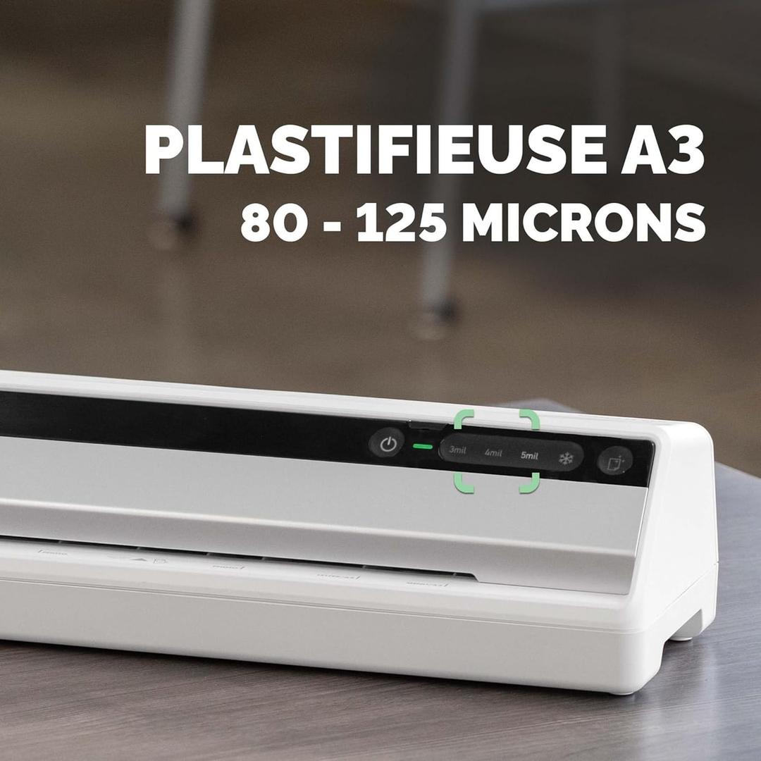 Plastifieuse à pochettes Saturn 3I A3 FELLOWES — Face avant et bandeau de commande, épaisseurs de 80 à 125 microns