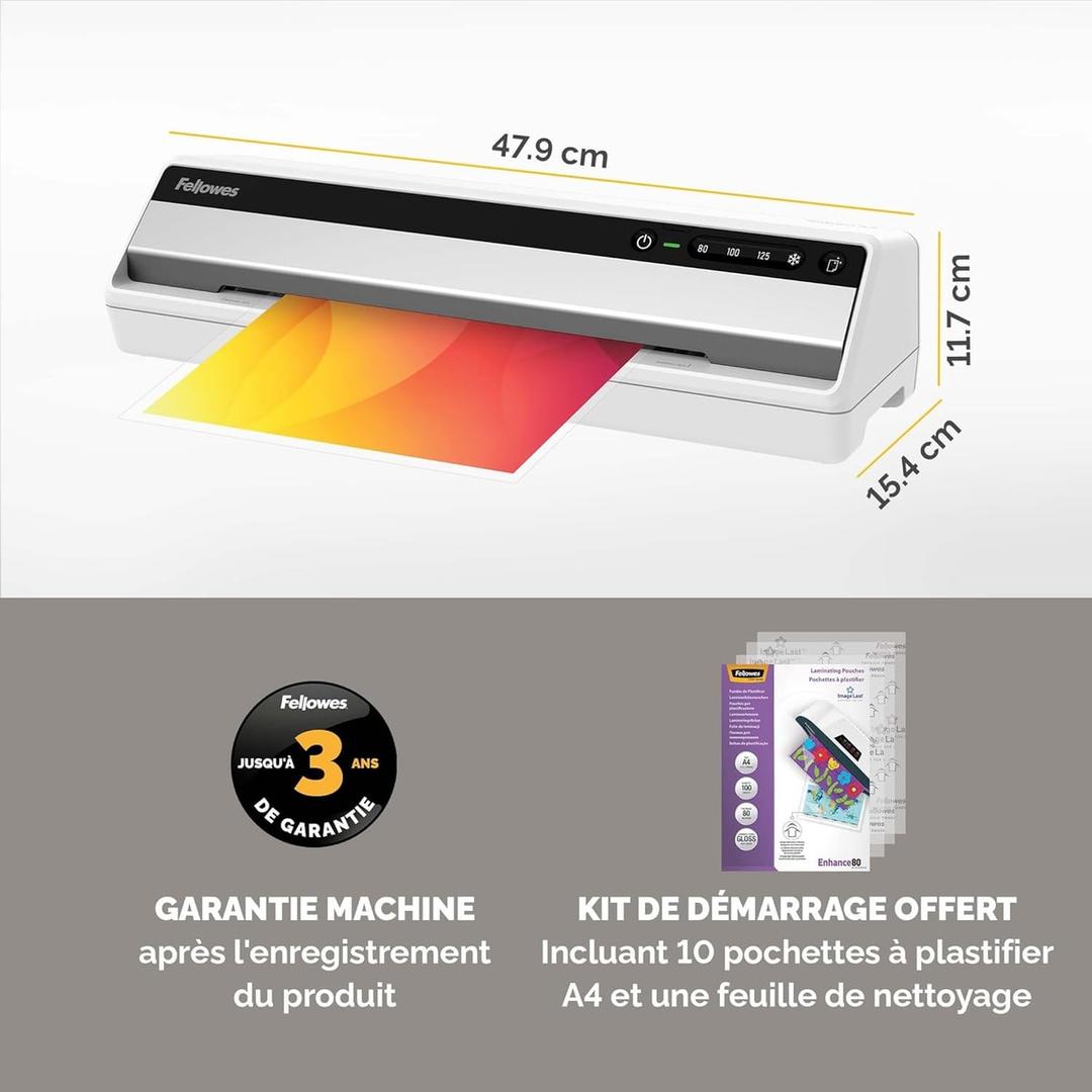 Plastifieuse à pochettes Saturn 3I A3 FELLOWES — Vue de trois quarts avec les cotes : 47,9 cm de large, 15,4 cm de profondeur, 11,7 cm de hauteur
