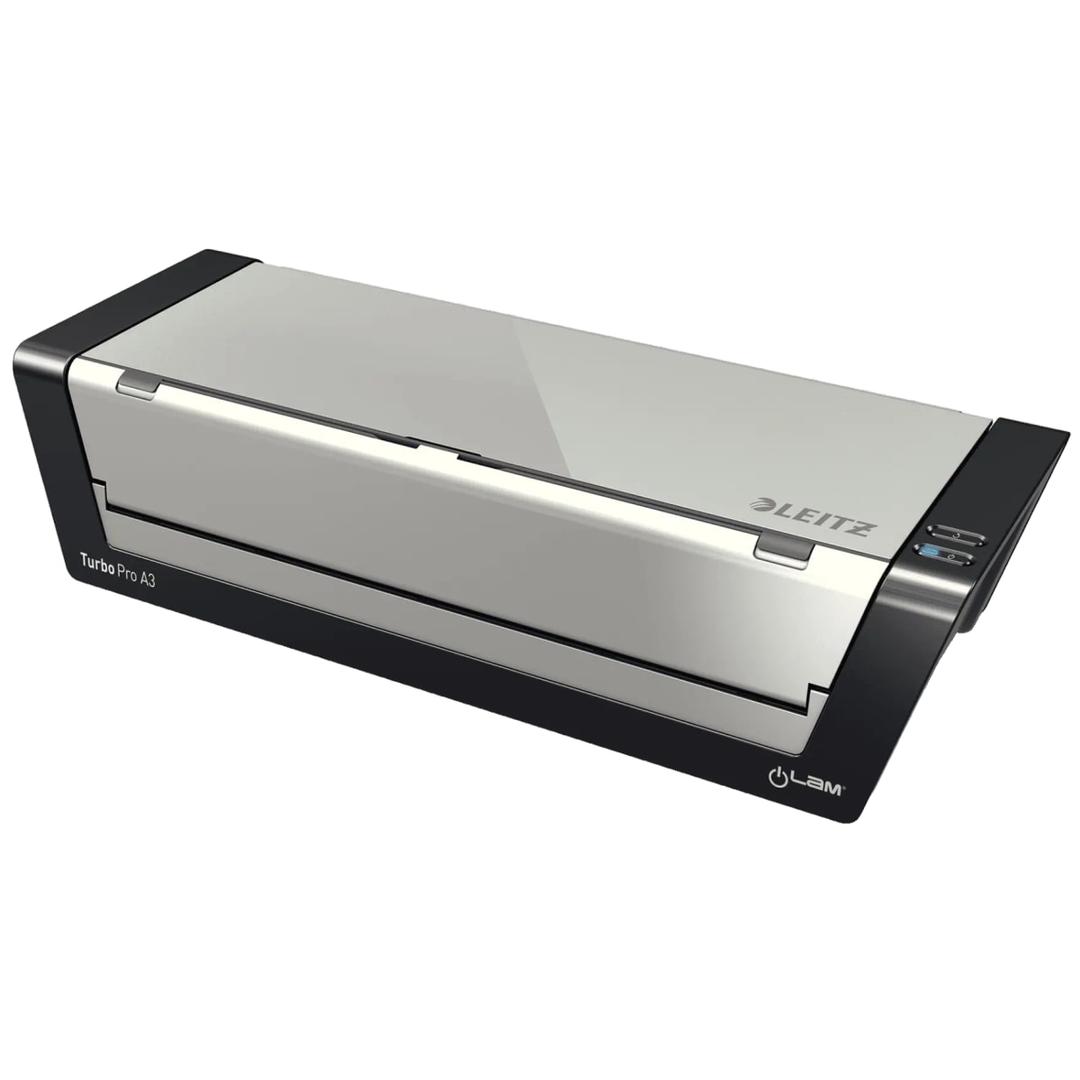 Plastifieuse à pochettes de bureau iLAM Touch Turbo Pro A3 LEITZ - La plastifieuse à pochettes Leitz iLAM Touch Turbo Pro A3 vue de face, capot argent