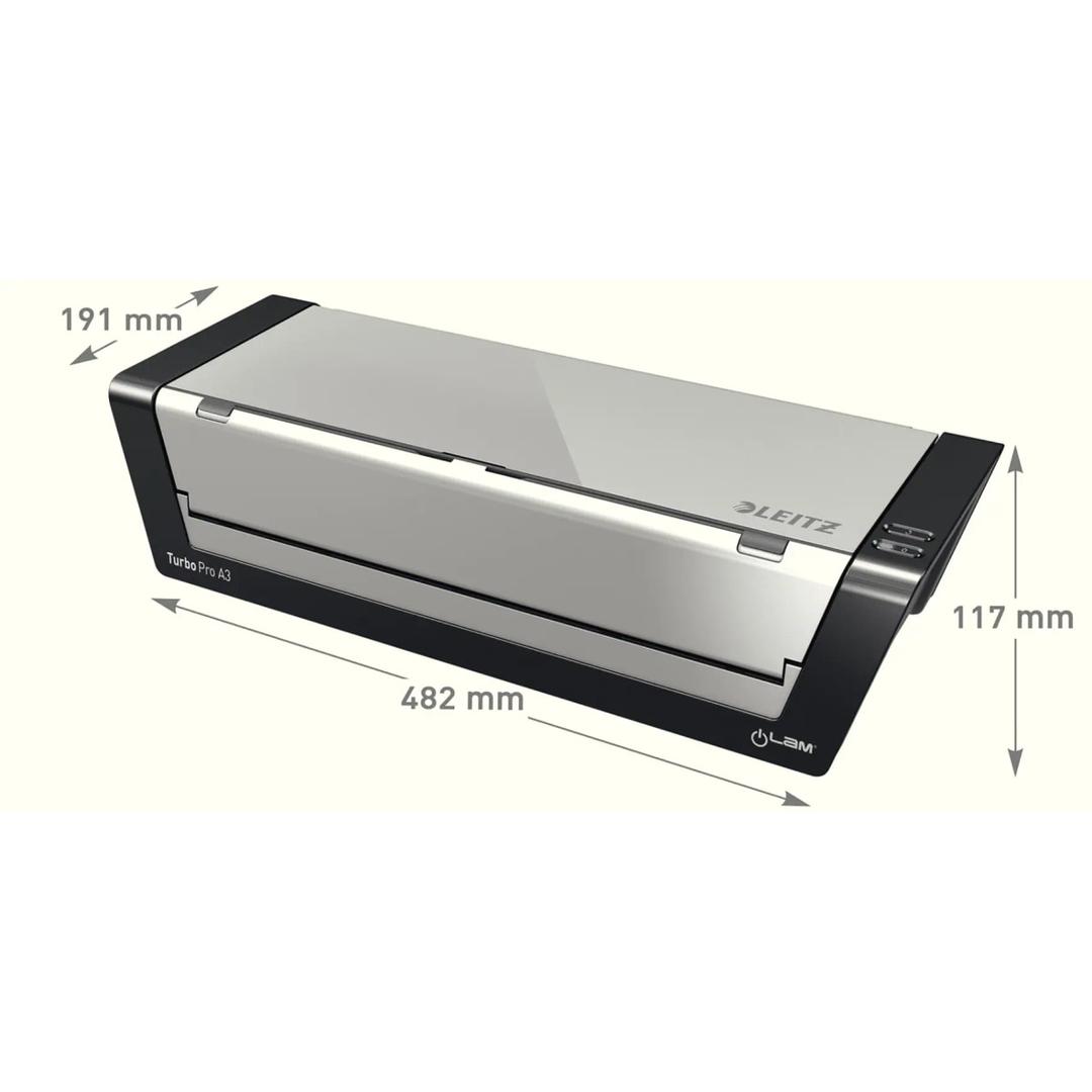 Plastifieuse à pochettes de bureau iLAM Touch Turbo Pro A3 LEITZ - Cotes de la plastifieuse à pochettes Leitz iLAM Touch Turbo Pro A3 : 482 mm de large, 191 mm de profondeur, 117 mm de haut