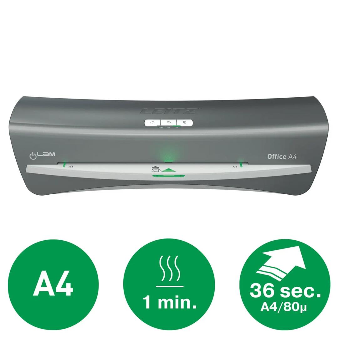 Plastifieuse à pochettes de bureau iLAM Office A4 LEITZ - La plastifieuse à pochettes Leitz iLAM Office A4 : format A4, 1 minute de chauffe, une feuille A4 en 36 secondes