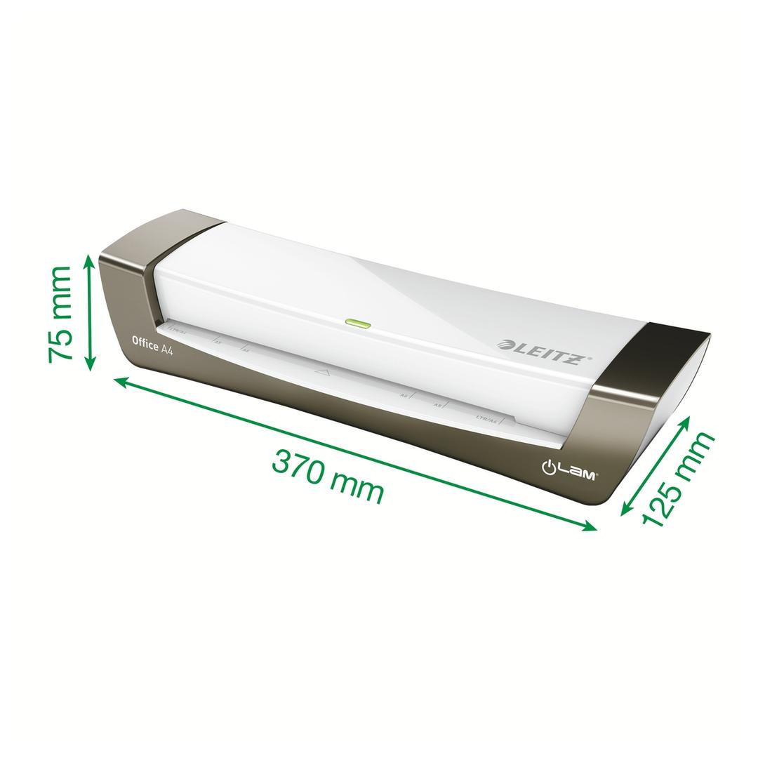 Plastifieuse à pochettes de bureau iLAM Office A4 LEITZ — Cotes de la machine : 370 mm de large, 125 mm de profondeur, 75 mm de hauteur