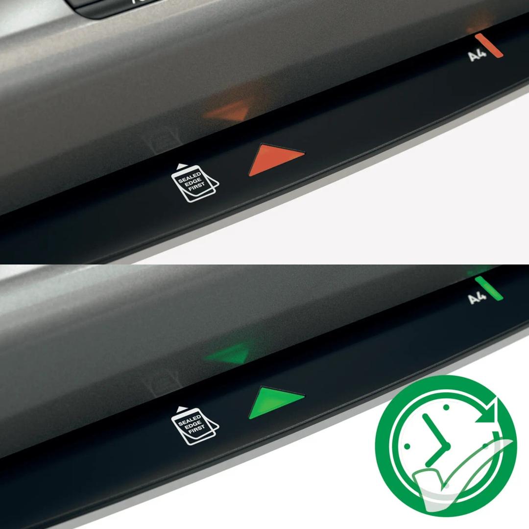 Plastifieuse à pochettes iLAM Office Pro A3 LEITZ - Voyant d'état SMART de la plastifieuse à pochettes Leitz iLAM Office Pro A3, rouge pendant la chauffe puis vert