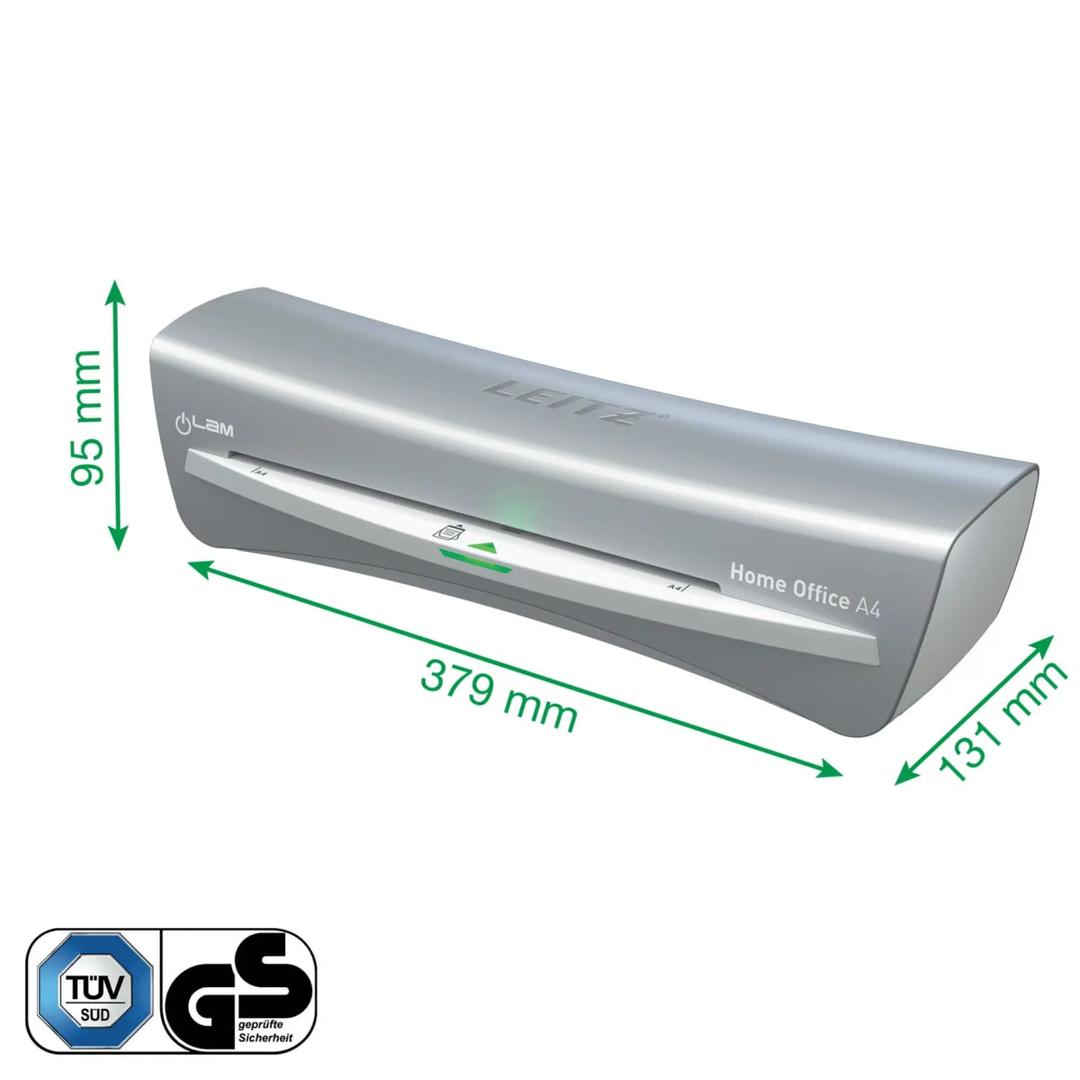 Plastifieuse à pochettes de bureau iLAM Home Office A4 gris LEITZ - Cotes de la plastifieuse à pochettes Leitz iLAM Home Office A4 : 379 mm de large, 131 mm de profondeur, 95 mm de haut