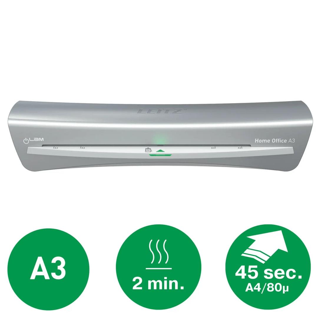 Plastifieuse à pochettes de bureau iLAM Home Office A3 gris LEITZ - La plastifieuse à pochettes Leitz iLAM Home Office A3 : format A3, 2 minutes de chauffe, une feuille A4 en 45 secondes
