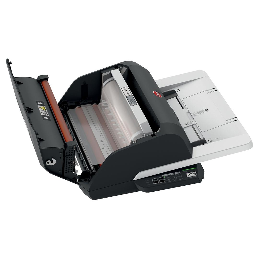 Plastifieuse automatique A3 FOTON 30 GBC — Capot ouvert sur les rouleaux et la cartouche de film
