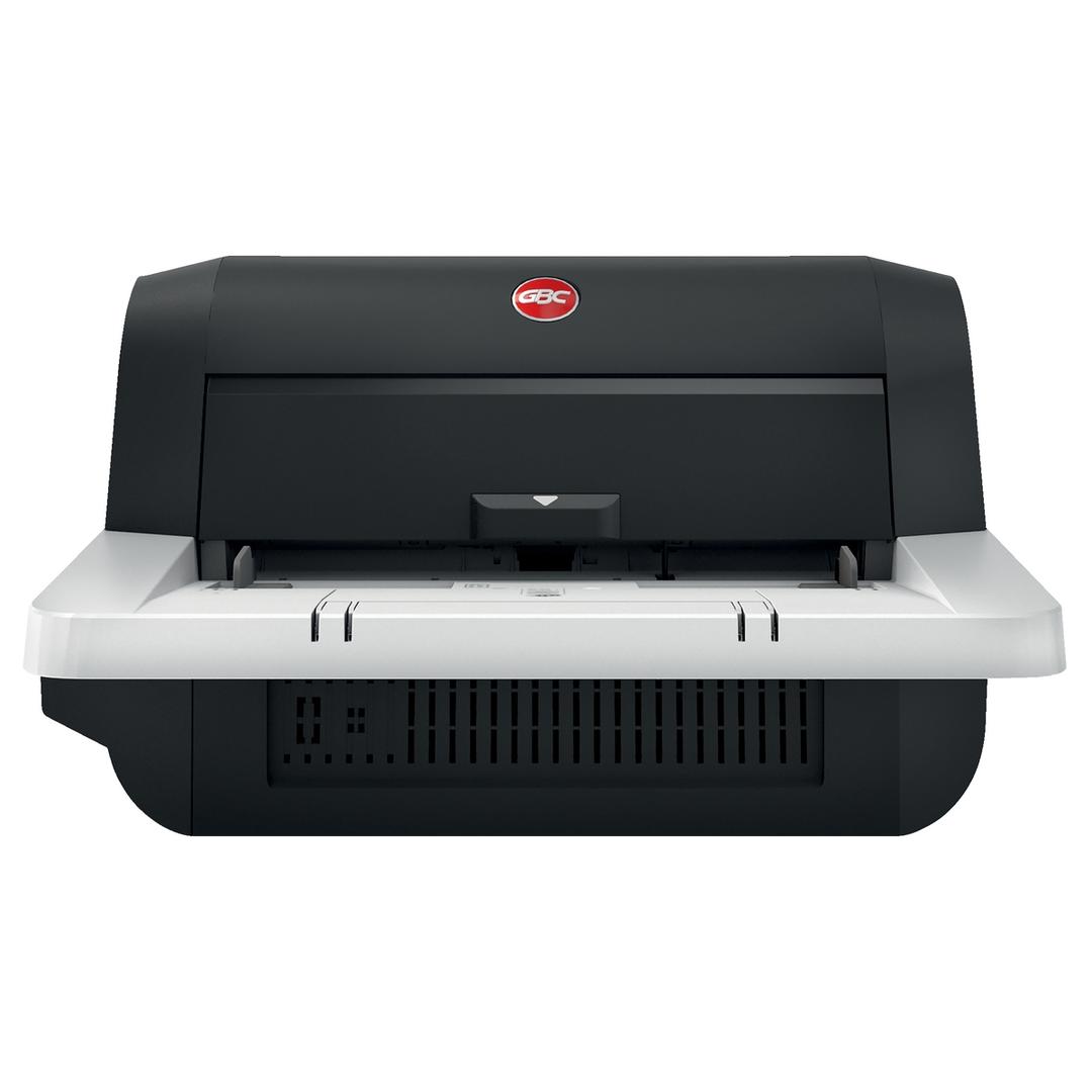 Plastifieuse automatique A3 FOTON 30 GBC — Machine vue de face, plateau de chargement blanc déployé