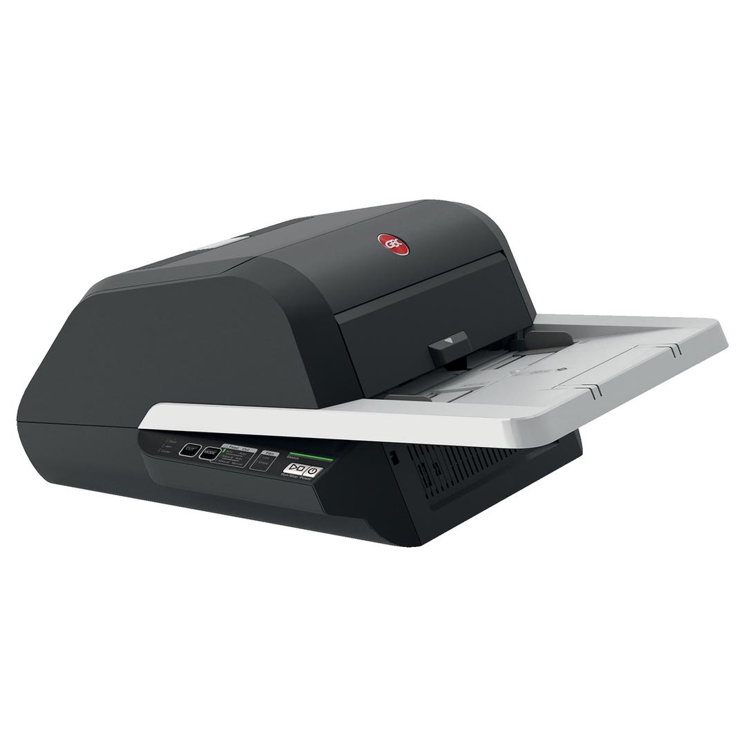 Plastifieuse automatique A3 FOTON 30 GBC — Vue d’ensemble de trois quarts, plateau de chargement déployé