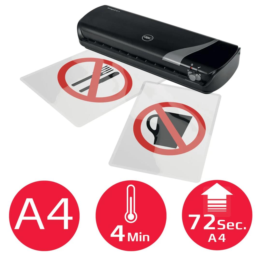 Plastifieuse à pochettes INSPIRE+ A4 Noire GBC - Format A4 et 4 minutes de préchauffage pour la plastifieuse à pochettes GBC Inspire+ A4 noire