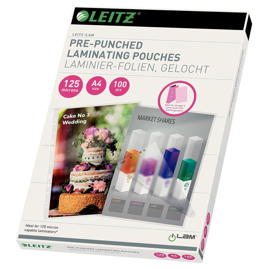 100 pochettes de plastification iLAM A4 125 microns brillantes - trous de classement LEITZ — Base