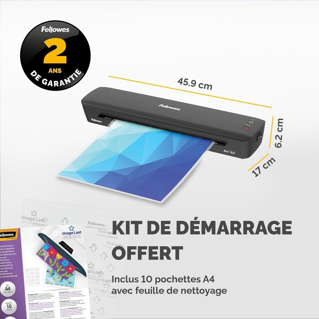 Plastifieuse à pochettes ARC A3 FELLOWES — Cotes de la machine : 45,9 cm de large, 17 cm de profondeur, 6,2 cm de hauteur, avec le kit de démarrage fourni