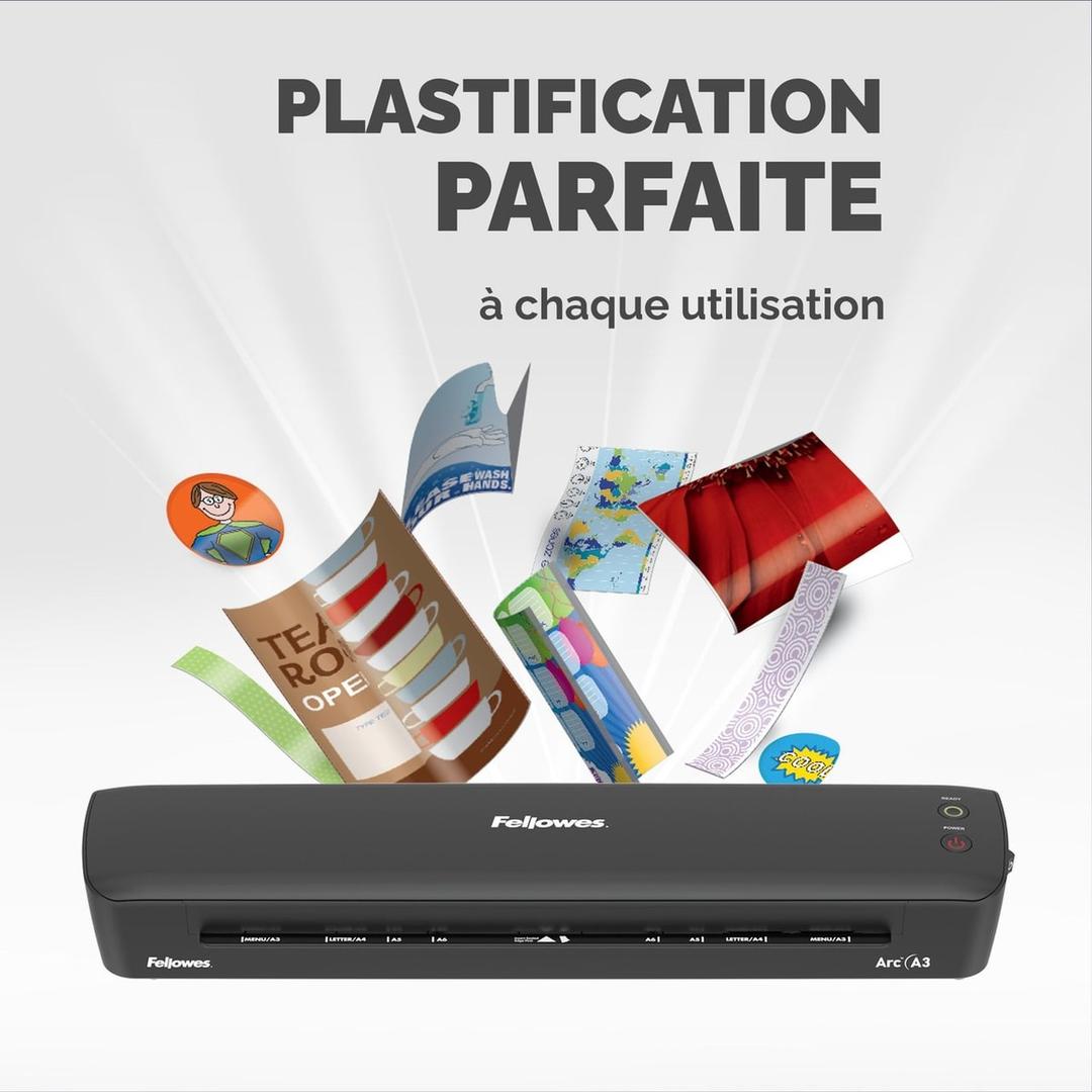 Plastifieuse à pochettes ARC A3 FELLOWES — Documents plastifiés variés : photos, badges, marque-pages et étiquettes