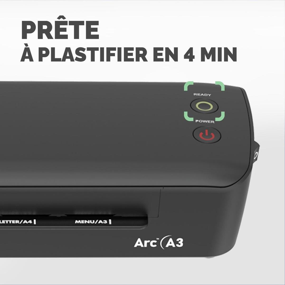 Plastifieuse à pochettes ARC A3 FELLOWES — Gros plan des voyants READY et POWER et des repères de format