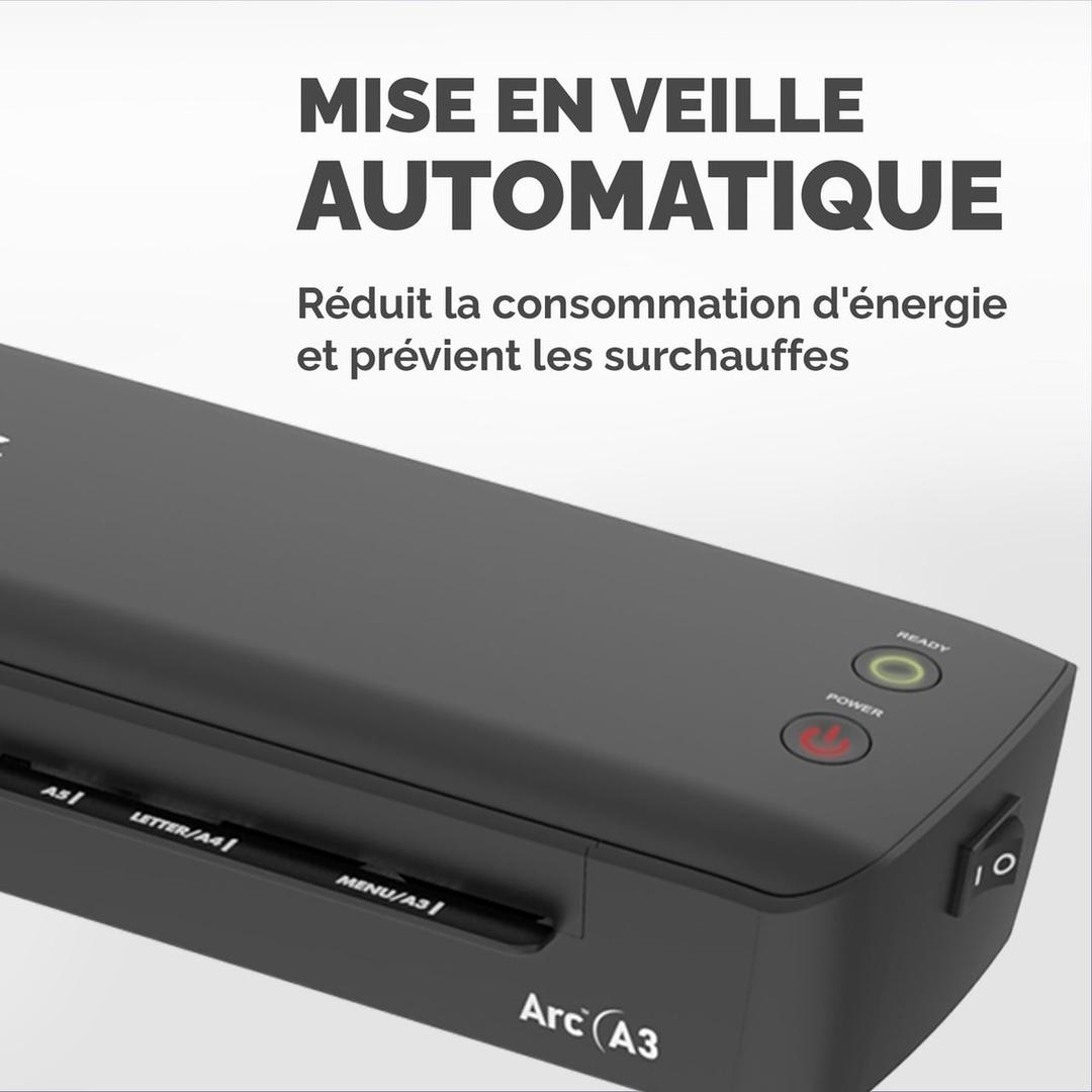Plastifieuse à pochettes ARC A3 FELLOWES — Vue rapprochée du flanc et de l’interrupteur marche/arrêt