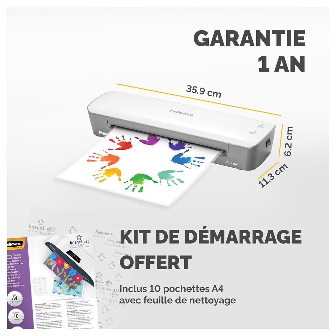 Plastifieuse à pochettes ION A4 FELLOWES — Cotes de la machine : 35,9 cm de large, 11,3 cm de profondeur, 6,2 cm de hauteur, avec le kit de démarrage fourni