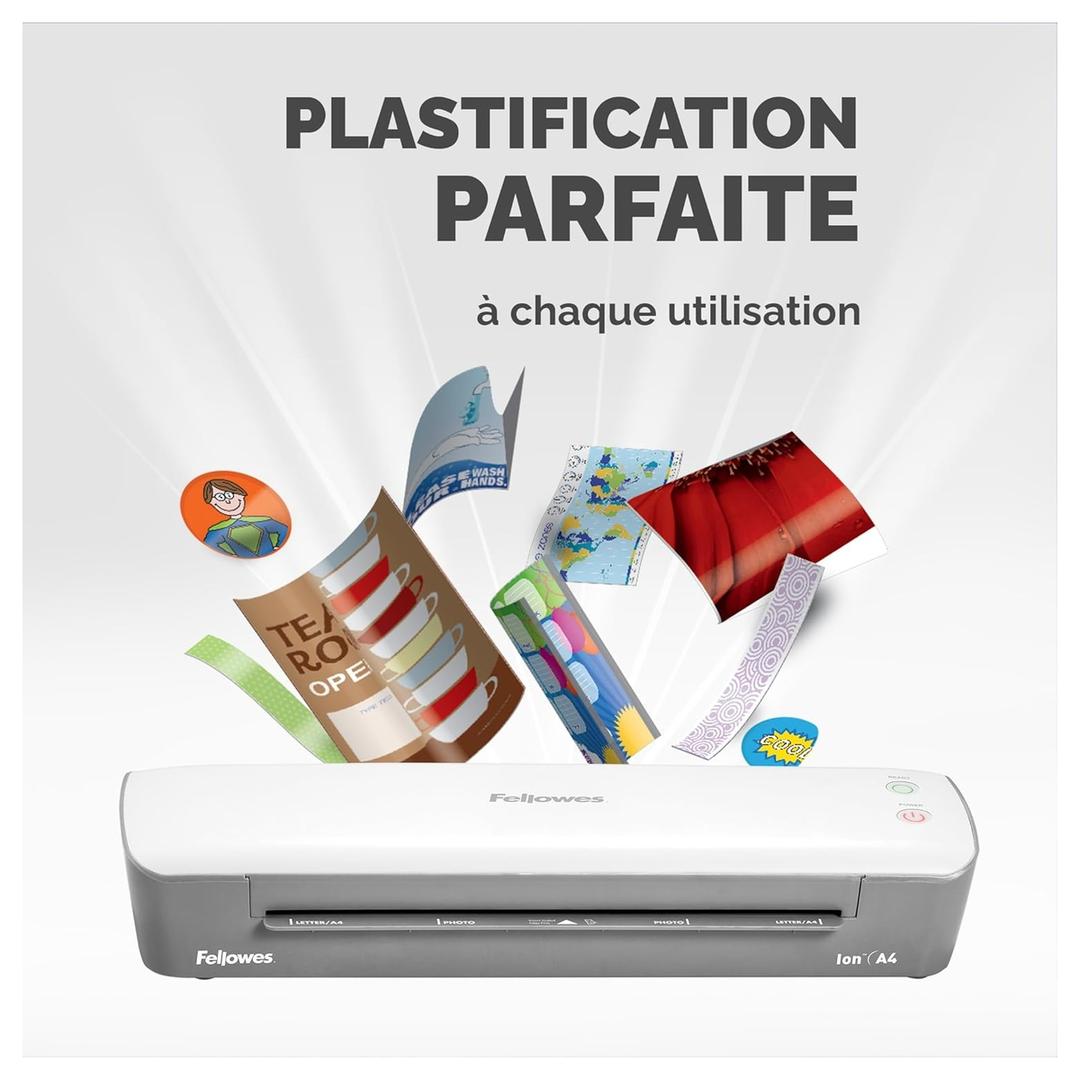 Plastifieuse à pochettes ION A4 FELLOWES — Documents plastifiés variés : photos, badges et marque-pages