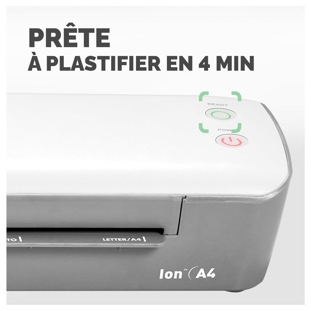 Plastifieuse à pochettes ION A4 FELLOWES — Panneau supérieur avec les repères de format et le voyant de mise en température