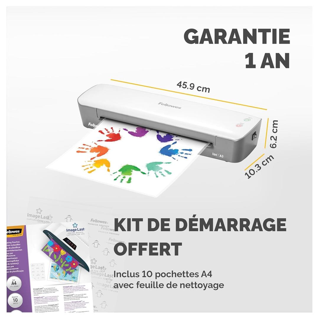 Plastifieuse à pochettes ION A3 FELLOWES — Cotes de la machine : 45,9 cm de large, 10,3 cm de profondeur, 6,2 cm de hauteur, avec le kit de démarrage fourni