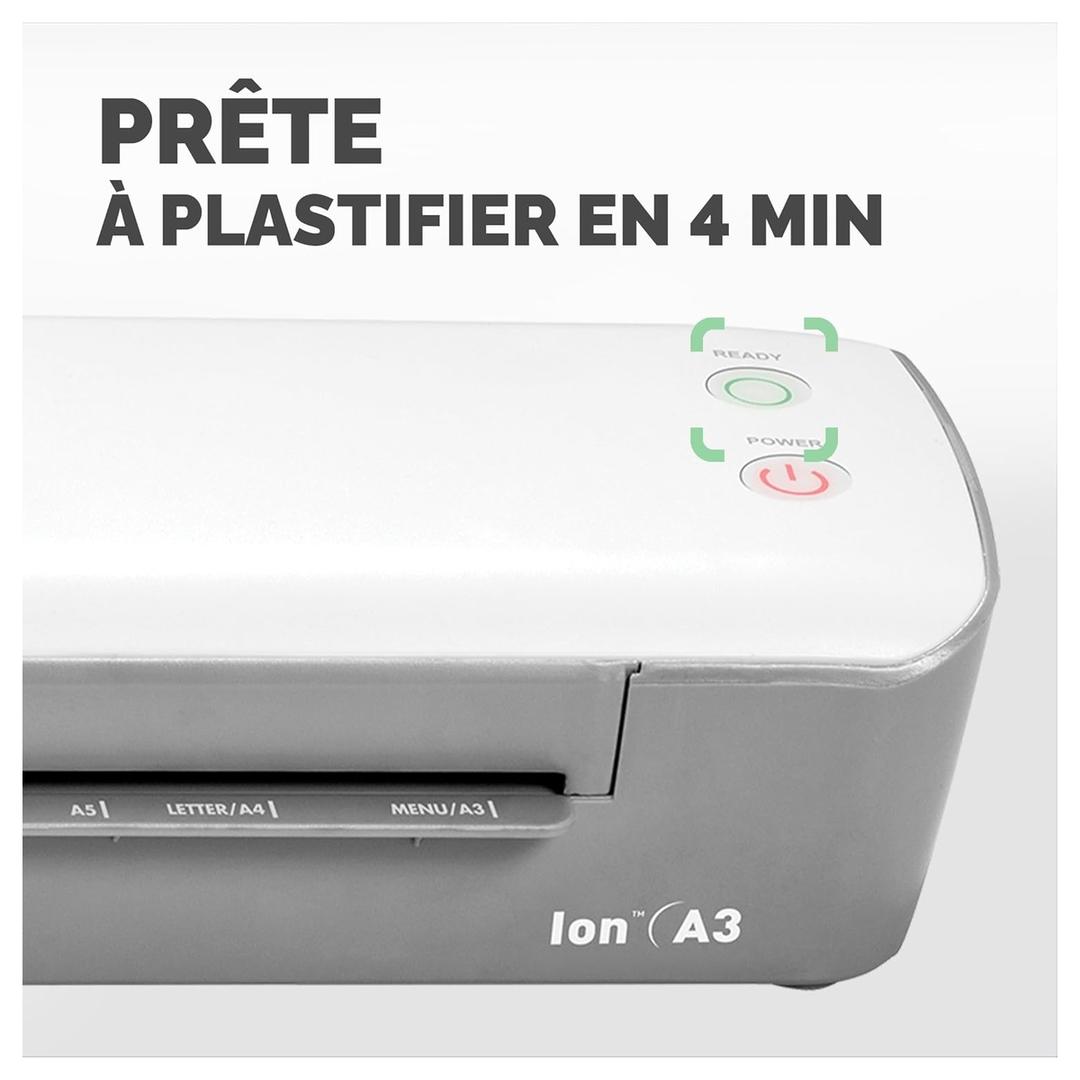 Plastifieuse à pochettes ION A3 FELLOWES — Panneau supérieur avec les repères de format et le voyant de mise en température