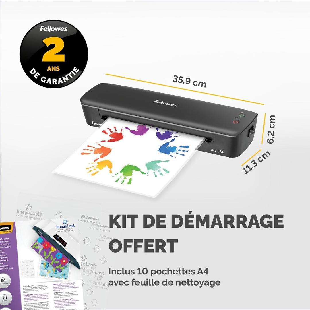Plastifieuse à pochettes ARC A4 FELLOWES — Cotes de la machine : 35,9 cm de large, 11,3 cm de profondeur, 6,2 cm de hauteur, avec le kit de démarrage fourni