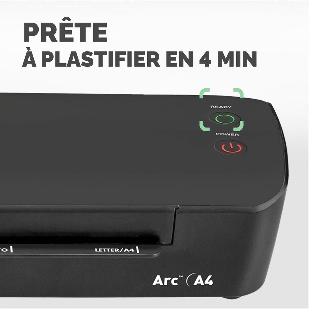Plastifieuse à pochettes ARC A4 FELLOWES — Gros plan des voyants READY et POWER et des repères de format