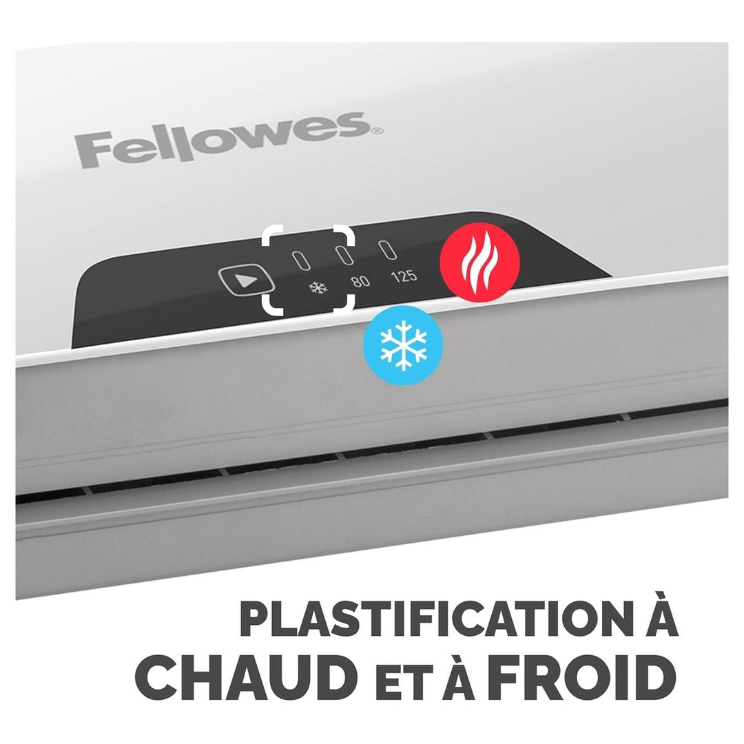 Plastifieuse à pochettes PIXEL A4 FELLOWES — Bandeau de commande avec les pictogrammes de plastification à chaud et à froid